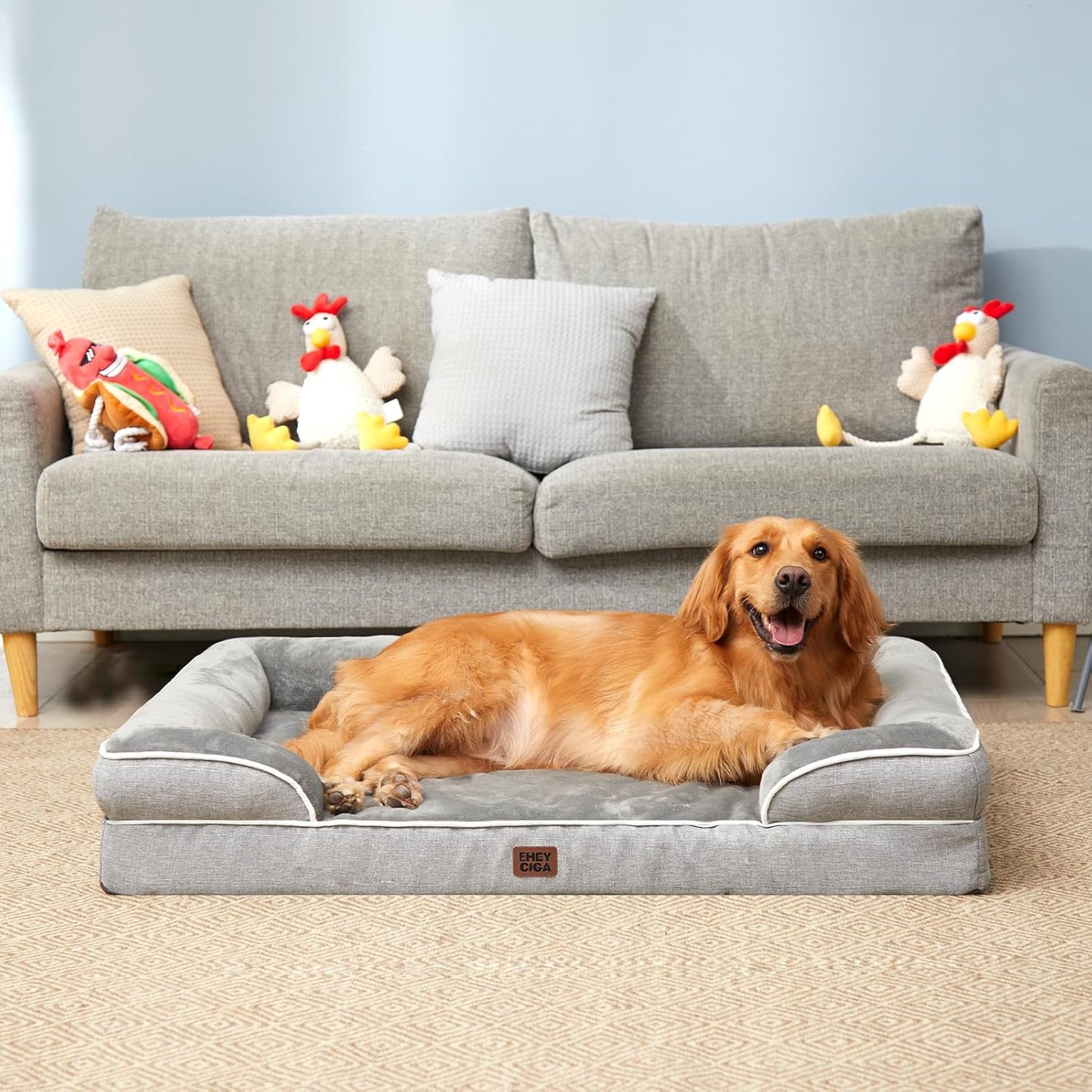 Orthopedic Dog Beds Large Sized Dog, Waterproof Memory Foam Pet Bed with Sides, Non-Slip Bottom Large Pet Bed with Washable Removable Cover, Grey