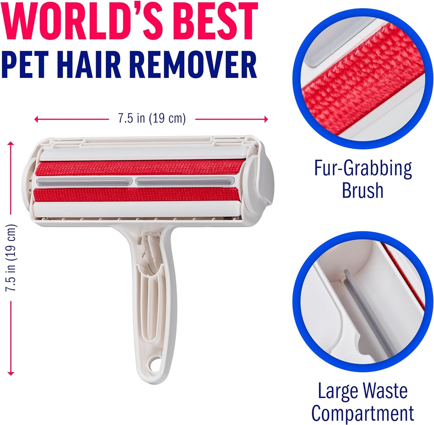 Pet Hair Remover – Original Size Reusable Lint Roller for Cat & Dog Hair on Furniture, Couch, Carpet, Car, Rugs & Bedding – Portable, Eco-Friendly (White)